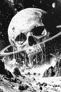 a black and white photo of a skull on the moon with saturn in the background