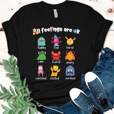 Embrace every emotion in the classroom with our "All Feelings Are OK" t-shirt, designed especially for teachers. This vibrant and playful design features nine adorable and colorful monsters, each showcasing a different, expressive face. Perfect for creating a supportive and encouraging environment, this t-shirt reminds students that all feelings are valid and worth celebrating. Made from soft, high-quality fabric, it's an excellent way for teachers to show their students that it's okay to feel however they feel and that every emotion has its place in learning and growing. We guarantee 100% customer satisfaction and high quality products! 𝗛𝗢𝗪 𝗧𝗢 𝗢𝗥𝗗𝗘𝗥? 𝟏. Select the shirt 𝗦𝘁𝘆𝗹𝗲 2. Select the 𝗦𝗶𝘇𝗲 3. Select the shirt color 4. Select the quantity, 5. Click 𝗔𝗗𝗗 𝗧𝗢 𝗖𝗔 Teacher Preschool, Preschool Teacher Shirts, Kindergarten Teacher, Teacher Teacher, Funny Teacher, Preschool Teacher, Gift Teacher, Kindergarten Teachers, Teacher Humor