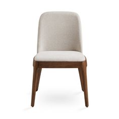 an upholstered chair with a wooden frame and fabric seat pad, viewed from the front