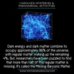 the dark matter is shown in blue and black with text describing it as an unsolved