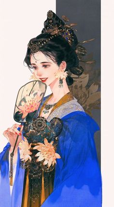 a painting of a woman holding a fan in her right hand and wearing a blue kimono