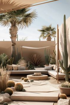 an outdoor seating area with cactus and cacti