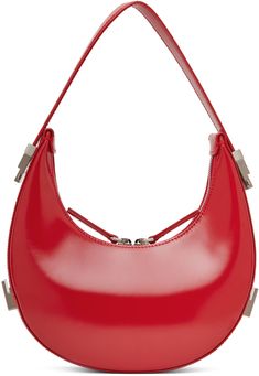 Polished leather top handle bag in red. · Adjustable sliding carry handle · Logo embossed at back face · Two-way zip closure · Patch pocket at interior · Brushed jersey lining · Logo-engraved silver-tone hardware · H4.5 x W8.5 x D2.25 Supplier color: Box red Modern Red Shoulder Bag With Metal Hardware, Modern Red Bag With Metal Hardware, Modern Red Shoulder Bag With Silver-tone Hardware, Silver Engraving, Color Box, Handle Bag, Free Bag, Leather Top, Womens Tote Bags