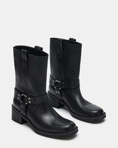 SPARROW Black Leather Moto Boot | Women's Booties – Steve Madden Fsu Gameday Outfit, Moto Boots Outfit, Black Moto Boots, Women's Booties, Engineer Boots, Steve Madden Store, Simple Shoes, Steve Madden Boots, Boots Fall