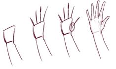 five hand gestures drawn in pencil on a white background