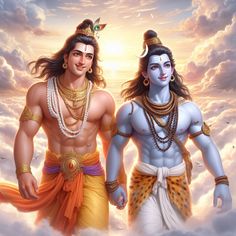 two men standing next to each other in the sky with clouds and sun behind them