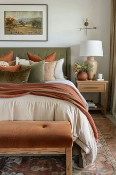 a bed with pillows and blankets on top of it next to a painting above the bed