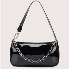 Black Shoulder Bag Trendy Black Baguette Shoulder Bag, Trendy Black Baguette Bag For Everyday, Black Trendy Baguette Bag For Everyday Use, Chic Black Baguette Bag For Party, Black Baguette Satchel Bag With Zipper, Black Satchel Baguette Bag With Zipper Closure, Black Baguette Satchel Bag With Zipper Closure, Chic Black Baguette Shoulder Bag, Casual Black Shoulder Bag For Evening