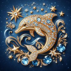 a golden dolphin surrounded by stars and jewels