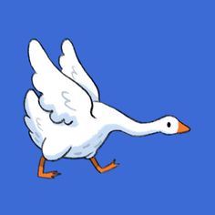 a white duck with orange beaks is flying through the air on a blue background