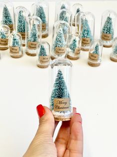 a hand holding a bottle filled with snow covered christmas trees in front of other bottles