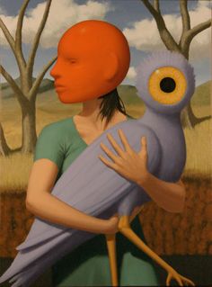 a painting of a woman with an orange head holding a blue bird in her arms