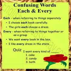 a poster with words and pictures on it that say, confusing words each & every