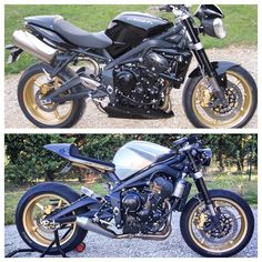 two different views of a black and gold motorcycle