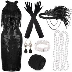 PRICES MAY VARY. 1920S ACCESSORIES FOR WOMEN PACK: 1 × great gatsby party dress, 1 × feather gold headband, 1 × pearl bracelet, 1 × pearl necklace, 1 × black prop, 1 × fishnet tights, 1 pair of black long gloves(2pcs), 1 pair of gold tassel earrings(2pcs), in total 10 pieces READ BEFORE BUYING: Mesdium:33.07(bust/in),26.77(waist/in)35.83(hips/in);Large:35.43(bust/in),29.13(waist/in),38.19(hips/in);X-Large:37.80(bust/in),31.50(waist/in),40.55(hips/in) CHARMING DESIGN: Roaring 20s costumes for wom Luxury Black Flapper Dress For Gala, Gatsby Outfit For Woman, Great Gatsby Themed Party Outfit, Roaring 20s Party Outfit Women, Harlem Nights Costumes, Great Gatsby Party Outfit Women, Gatsby Party Outfit Women, Roaring 20s Costumes, Roaring 20s Party Outfit