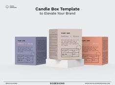 three boxes are stacked on top of each other with the words candle box template to elevate your brand