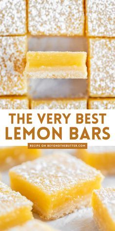 lemon bars stacked on top of each other with the words, tart and tangy super easy lemon bars