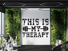 there is a gym with exercise equipment in front of the wall that says, this is my hip therapy