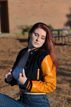 Women Crop top Classic Style Black Wool Orange Genuine Leather Sleeves Varsity Letterman Baseball Jacket Introducing the Custom Letterman Women's Classic Varsity Jacket - a perfect blend of style and comfort with its black wool and green genuine leather sleeves. Perfect for any occasion, this jacket exudes timeless charm and sophistication. Expertly crafted with quality materials, it's a must-have for any fashion-forward individual. If your required Size & Color Combination is not listed then pl Fitted Fall Outerwear For College, Fitted Fall Outerwear For Casual Wear, Fitted Brown Varsity Jacket For Fall, Fitted Varsity Jacket For College In Fall, Orange Outerwear For Fall Streetwear, Orange Outerwear For Streetwear In Fall, Orange Streetwear Outerwear For Fall, Baseball Jacket Women, School Jacket