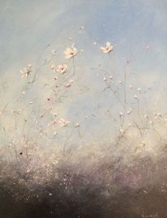 an oil painting of white flowers against a blue sky