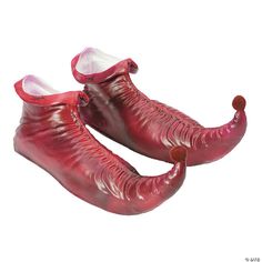 pair of red shoes made out of plastic, with one shoe shaped like an elephant