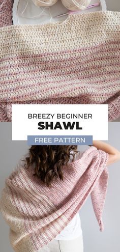 a woman wearing a knitted shawl with text overlay that reads, breezeway beginner shawl free pattern