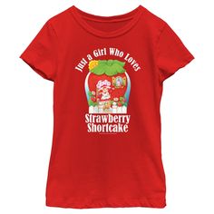 Who's ready for a berry special treat? You are! Enjoy sweet fashions with this officially licensed Strawberry Shortcake Loving Berry Girls' Graphic T-Shirt. Your favorite greeting card-turned-pop culture sensation is here to win your heart with fun adventures in Strawberry-land. This colorful tee shows off an artistic graphic of the cute Strawberry Shortcake at the entrance of her iconic home with her pet Custard with the phrase "Just a Girl Who Loves Strawberry Shortcake" in bold white letterin Red Crew Neck T-shirt, Sweet Red Short Sleeve T-shirt, Red Sweet Crew Neck T-shirt, Sweet Style Red Crew Neck T-shirt, Cute Strawberry Shortcake, Short Cake, Fun Adventures, Future Children, Cute Strawberry