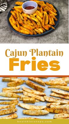 the recipe for cajun plantain fries is shown on a plate and in front of it