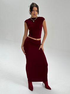 Body sculpting double lined midi skirt. Made with textured jersey spandex. Party Midi Length Elastane Skirt, Evening Midi Skirt In Elastane, High Neck Backless Top, Wine Red Skirt, Knitted Midi Skirt, White Tracksuit, Cocktail Skirts, Long Skirt Outfits, Womens Skirts