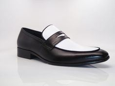 Calfskin Spectator Loafer Black/White – C&E Fashions White Leather Slip-ons For Office, Elegant White Slip-ons For Office, White Almond Toe Slip-ons For Business, Classic White Almond Toe Slip-ons, White Pointed Toe Slip-ons For Work, Modern White Slip-ons For Work, Modern White Slip-on Loafers, Elegant White Semi-formal Loafers, White Classic Almond Toe Slip-ons