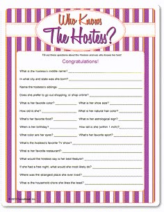 a pink and purple striped question card with the words who knows the hostess?