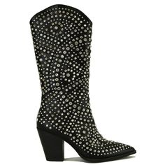 Kick Up Your Style With Our "Dazzling Western Glam" Rhinestone Stud Western Boots. These Boots Are The Perfect Combination Of Western Flair And Glamorous Bling. The Rhinestone Studs Add A Touch Of Sparkle And Shine To Your Outfit, Making You Stand Out In Any Crowd. Crafted With Attention To Detail And Quality Materials, These Boots Are Both Fashionable And Durable. Whether You're Dressing Up For A Night Out Or Adding Some Flair To Your Everyday Look, These Rhinestone Stud Western Boots Will Elev Party Leather Boots With Rhinestone Fringe, Leather Party Boots With Rhinestone Fringe, Black Party Boots With Rhinestone Rivets, Black Evening Boots With Bling, Black Crystal-embellished Boots For Night Out, Black Party Boots With Bling, Black Boots With Rhinestone Fringe For Party, Party Black Boots With Bling, Black Rhinestone Fringe Boots For Party