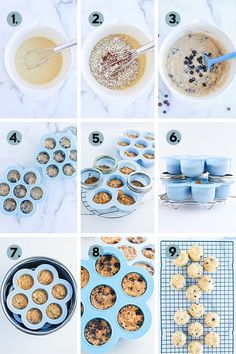 the steps to making blueberry oatmeal muffins are shown here