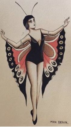 a drawing of a woman wearing a butterfly wings outfit and holding her arms out in the air