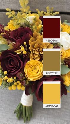 a wedding bouquet with yellow and red flowers on the bottom is shown in color swatches