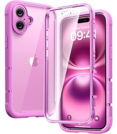 the back and side view of an iphone case with pink translucent material on white background