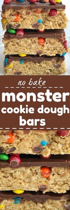 no bake monster cookie dough bars stacked on top of each other