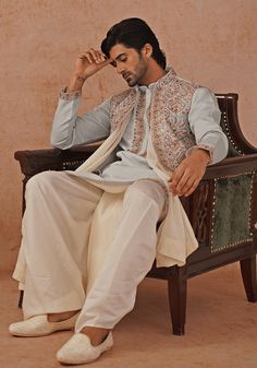 Blue Embroidered Jacket Kurta Set Kalpraag - Fabilicious Fashion Jacket Style Kurta For Men, Men Sangeet Outfit Indian Groom, Reception Mens Outfit, Wedding Attire For Men Guest, Wedding Outfit Men Guest, Dhoti Kurta For Men, Indowestern Outfits For Men, Ivory Dupatta, Amish Wedding