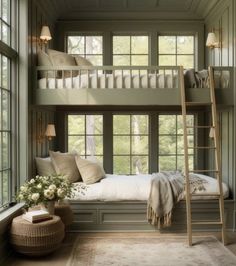 a bedroom with bunk beds and windows in it