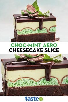 chocolate mint aero cheesecake slice is stacked on top of each other