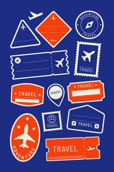 various travel stamps and stickers on a blue background