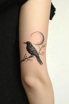 a black bird sitting on a branch with the moon behind it