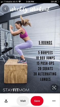 a woman doing squats on top of a box in front of a gym machine