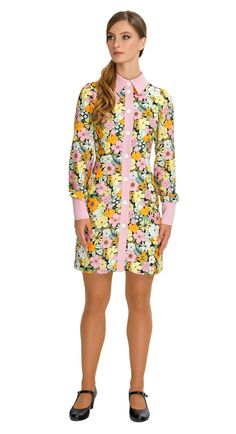 Vibrant Floral  Autumn Shirt Dress; a versatile and delightful addition to your wardrobe. This dress features a vibrant floral pattern that adds a casual elegance to your ensemble, making it perfect for both work and play. The classic pink collar, cuffs, and button down detailing provide a charming contrast against the floral backdrop. Feminine Long Sleeve Cotton Shirt Dress, Spring Shirt Dress With Button Cuffs, Spring Cotton Dresses With Button Cuffs, Cotton Floral Print Button-up Shirt Dress, Floral Print Cotton Button-up Shirt Dress, Cotton Button-up Shirt Dress With Floral Print, Long Sleeve Floral Print Mini Dress For Work, Long Sleeve Floral Dress For Spring, Cotton Floral Print Shirt Dress For Work