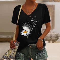 Category:T-shirt; Fabric:100% Cotton; Sleeve Length:Short Sleeve; Look After Me:Machine wash,Washable,Wet and Dry Cleaning; Gender:Women's; Theme:Floral,Butterfly,Painting; Style:Basic; Elasticity:Micro-elastic; Tops Type:T Shirt; Occasion:Holiday,Weekend; Top Length:Regular Tops; Fit Type:Regular Fit; Pattern:Floral,Dandelion,Butterfly; Design:Print; Neckline:V Neck; Listing Date:07/10/2023; Clothing Length:; Bust:; Sleeve:; Fit US Size:; Fit UK Size:; Fit EU Size:; Print Type:Hot Stamping 2023 Clothing, Bleu Violet, Floral Butterfly, Butterfly Painting, Style Basic, Graduation Outfit, Holiday Weekend, Floral Print Shorts, Shirt Fabric