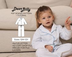 This is a Kids Unisex Pajama Shirt and Pajama Pants Set Bundle PDF Sewing Pattern (Instant Download) with Instructions. 'Little Dreamer' pajama set pattern by DearBillyPatterns. Designed for woven fabrics. This is a PDF Sewing Pattern (instant download) in sizes 12M-18M-2T-3T-4T-5T-6Y-7Y-8Y-9Y-10Y-11Y-12Y. All sizes are included in your purchase. This is an intermediate skill level sewing pattern that requires prior sewing experience. If you have any questions while sewing-feel free to email us, we'll be more than happy to walk you through it. This pattern includes 3 types of files: 1. A4/US letter file for printing at home 2. A0 size copy shop file 3. True projector file *All three files come with layers. The pattern includes clear and detailed instructions with illustrations. We recommen Kids Pajamas Pattern Free, Pajama Set Pattern, Kids Pajamas Pattern, Boys Pjs, Unisex Pajamas, Pajama Pattern, Pajamas Gift, Woven Fabrics, Set Patterns