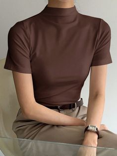 Solid Mock Neck Tee Brown Casual  Short Sleeve Fabric Plain  Slight Stretch  Women Clothing, size features are:Bust: ,Length: ,Sleeve Length: Patch Blouse, Navy Striped Shirt, Mock Neck Shirt, Tshirt Outfits, Women T Shirts, Navy Shirt, Kids Beachwear, Look Fashion, Shirt Outfit