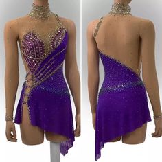 two images of a woman wearing a purple dress with gold beading on the back