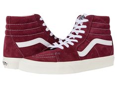 Vans SK8-Hi - Skate Shoes : (Pig Suede) Pomegranate/Snow White : Keep it old school every step of the way with the classic Vans SK8-Hi skateboard shoes! High-top skate shoes with a classic silhouette and Sidestrap detail. Uppers of suede, leather, or canvas. Cotton drill lining. Padded collar for added comfort and support. Triple-stitch collar adorns collar. Die-cut EVA insert. Vulcanized construction: • Slimmed-down profile offers a flexible feel. • Gum rubber outsole with signature waffle trea Classic Lace-up High-top Sneakers For Skateboarding, High-top Suede Skate Shoes With Laces, Retro Skate Shoes For Skateboarding, High-top Suede Sneakers For Skateboarding, Vans High-top Skateboarding Sneakers With Gum Sole, High-top Suede Skate Shoes With Branded Insole, Vans Mid-top Suede Skate Shoes, Vans Suede Mid-top Skate Shoes, Sporty Suede Vans Skate Shoes