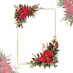 red roses and greenery are arranged around a gold frame